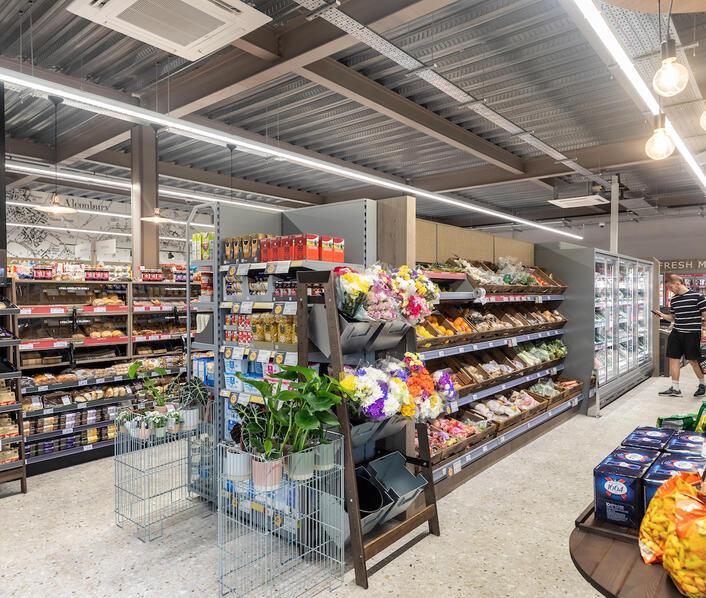 Interior of the new Co-op at Alconbury Weald showing displays of produce