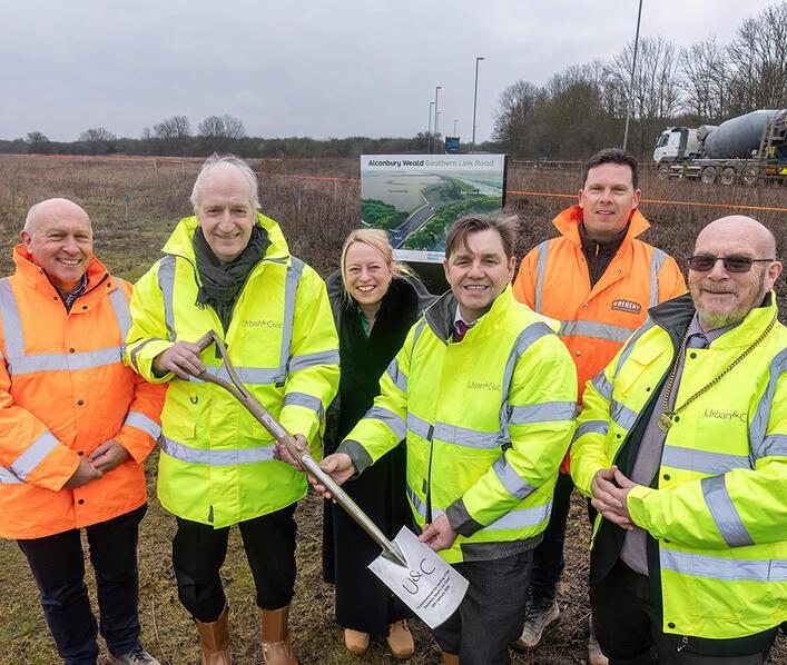 Celebrating an important milestone for the Alconbury Weald southern link road. Left to right: John Breheny (Chairman, Breheny), Nigel Hugill (Chief Executive, Urban&amp;Civic), Michelle Sacks (Chief Executive, Huntingdonshire District Council), Dr Nik Johnson (Mayor, Cambridgeshire and Peterborough), Simon Burnside (Joint MD, Breheny), Councillor Douglas Dew (Vice Chair, Cambridgeshire County Council)